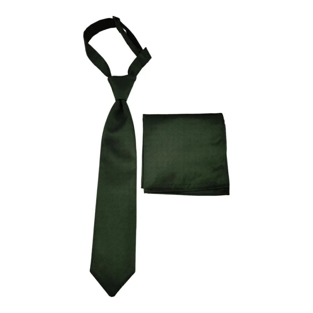 BOY'S HUNTER GREEN WINDSOR TIE & POCKET SQUARE BY LARR BRIO